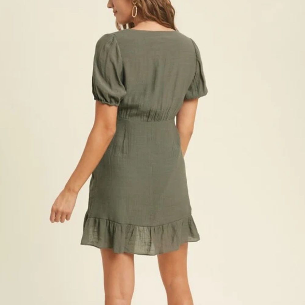 Prana Mini Dress Boho Crochet Olive Green 100% cotton V surplice neck Eco S